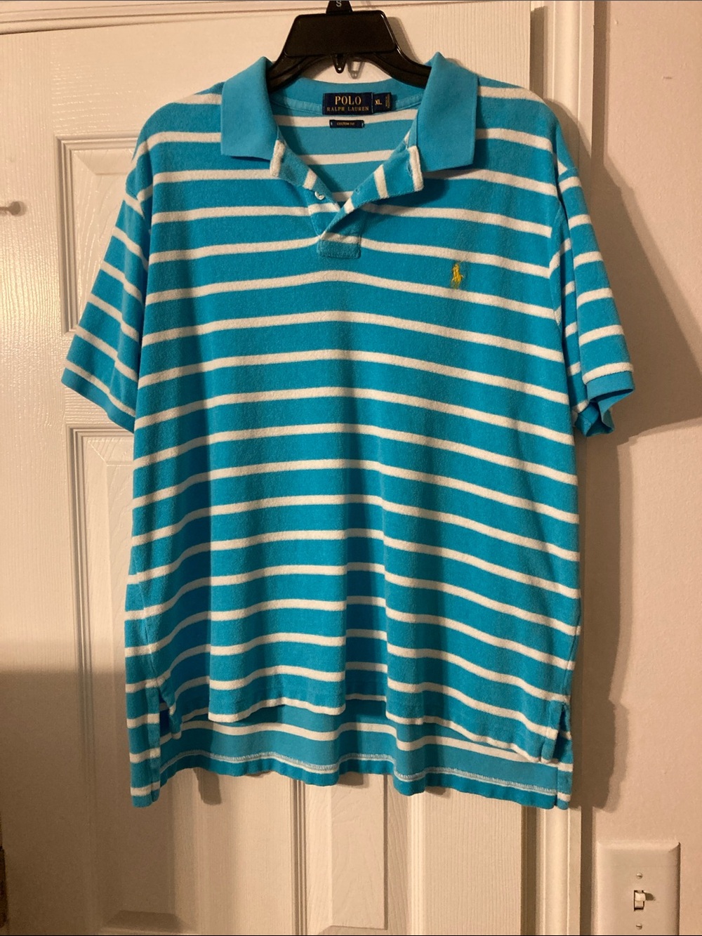 Vintage Polo by Ralph Lauren Turquoise & White Striped Polo with Yellow Pony